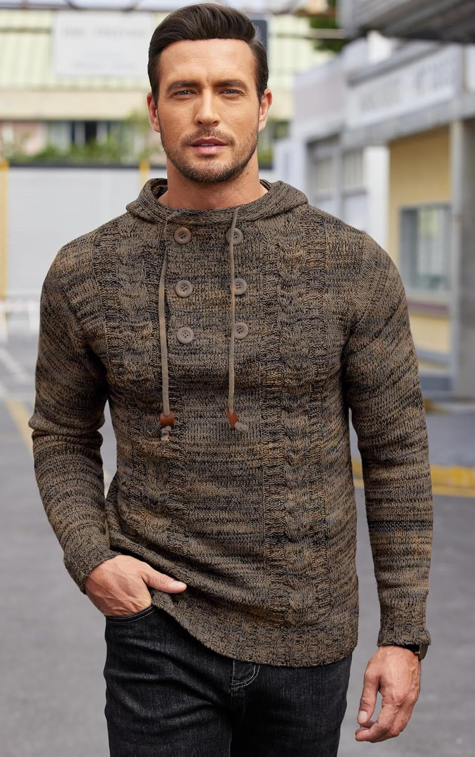 Men'S Knitted Hoodies Pullover Casual Long Sleeve Turtleneck Sweaters